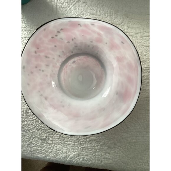 Vtg MURANO Pink & White Spotted Glass Hat Bowl*Black Rim & Flower Decoration - Picture 6 of 6